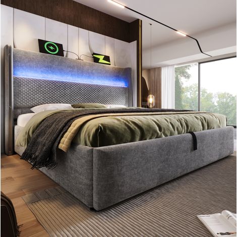 Lit coffre 140x200 cm avec tête de lit haute, LED, ports USB/Type-C et rangement, gris HAVRYA (1/5)