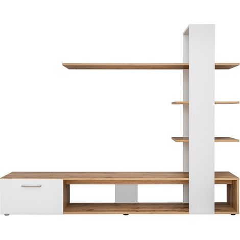 Mobile porta TV con libreria e scaffali integrati, collezione CLEO. Colori bianco e rovere.
