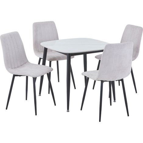 Aspen Gloss White Sintered Stone Square Table & 4 Natural Fabric Chair Set - Metal - L54 x W53.5 x H88 cm