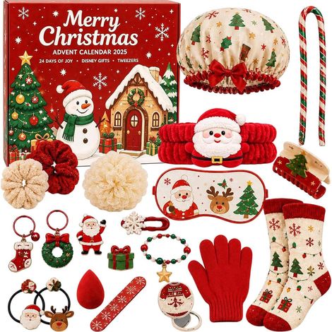 Calendrier de l'Avent de Noël (compte à rebours de 24 jours), coffret cadeau d'accessoires de Noël comprenant des accessoires pour cheveux, des chaussettes, des gants et des porte-clés, cadeau de Noël (1/5)