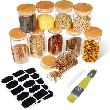 Lot 10 bocaux alimentaires en verre — 5 × 250 ml + 5 × 350 ml, hermétiques, couvercles bambou (1/4)