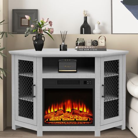 Parrot Uncle Eck-TV-Schrank mit Elektrokamin 114 cm, TV-Lowboard für Fernseher bis 55 Zoll, 18 Zoll LED-Flammeneffekt, Stauraum, Grau (1/5)