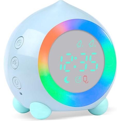 Réveil enfant (bleu clair) avec chiffres lumineux, veilleuse LED, volume réglable, fonction snooze, rechargeable par USB. (1/5)