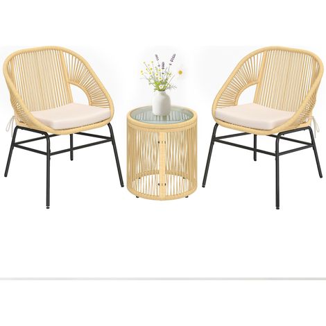 3-teilige Balkon-Lounge-Garnitur mit 2 Sesseln und Tisch aus gehärtetem Glas – abnehmbare beige Kissen