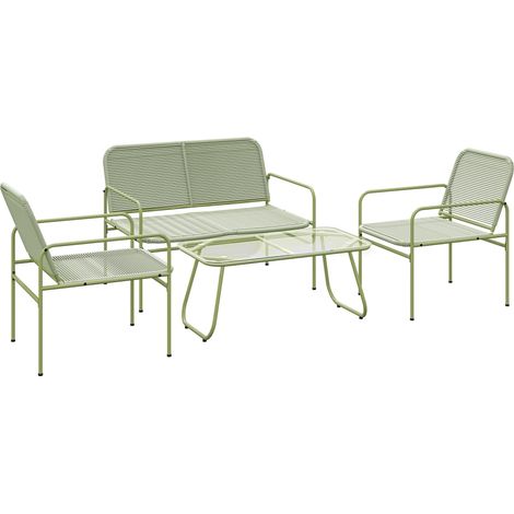 Salon de Jardin extérieur résine tressée 4 places, canapé 2 places, 2 chaises, table en verre trempé cadre acier vert