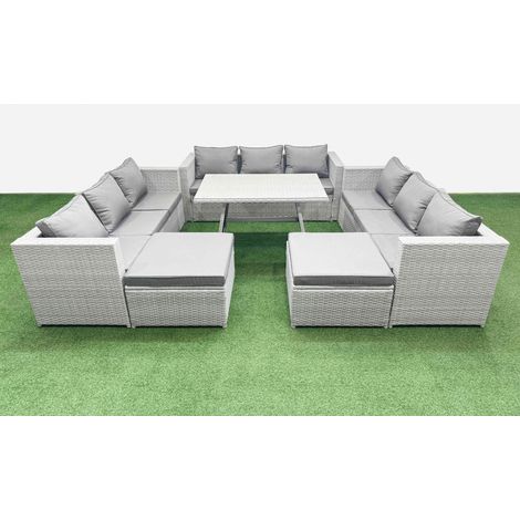 Fimous 11 Seat Outdoor Patio PE Rattan Garden Furniture with Cushions 3 Seater Sofa 2 Big Stools Light Grey (1/4)