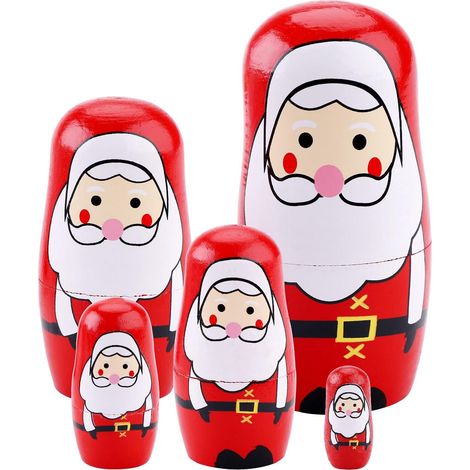 Lot de 5 Poupée russe, Bois, Design Père Noël, 11 cm, Décoration table fête (1/5)