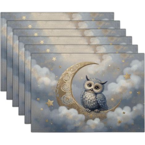 Lot de 4 Sets de Table Bleu Fantastique Dessin Animé Lavables, Sets de Table Hibou Lune Résistants à la Chaleur - Facile à Nettoyer, pour Salle à Manger Cuisine Café fête, 45x30cm'Parent'Bleu/Hibou Lu (1/5)