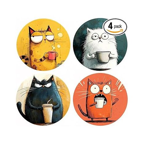 4 PCS Dessous de Verre Bois, Chat Sous Verres Peinture Coasters Ronds en Liege, Sous Verre Bois Couleurs, Dessous - MMCD-ZGL-05327 (1/5)