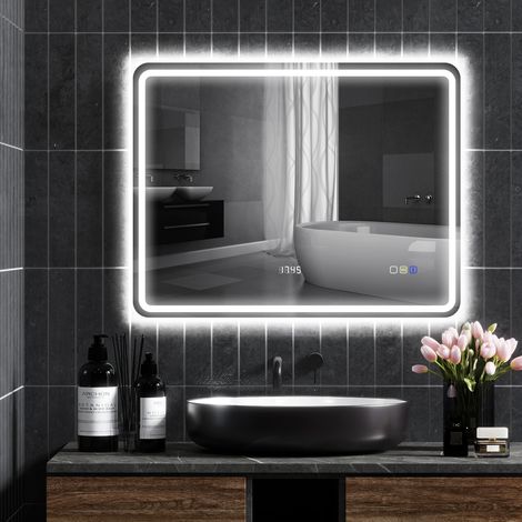 Badezimmerspiegel mit LED-Beleuchtung, Anti-Beschlags-Pad, 3 verstellbare Farben, Uhr, 700 x 900 mm, Silberfarben (1/5)
