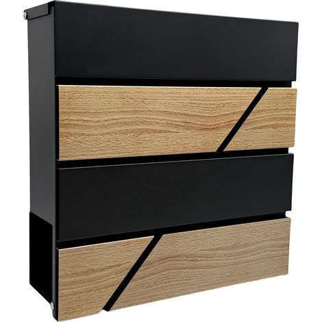 Relaxdays letterbox, wood effect, with newspaper tube, postbox, HWD: 37x37x11 cm, 4 keys, iron, black/natural