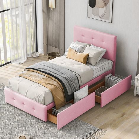 Lit 90x200cm - Lit Simple rembourré 90x200cm - avec dossier et deux tiroirs de rangement – Tissu velours doux – Rose (1/5)