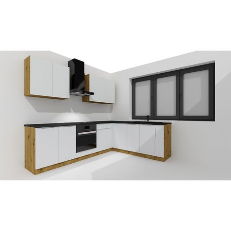 Pegane – Cuisine complète d'angle 9 éléments – Longueur 200/260 cm – Façades gris clair – Panneau de particules 16mm – Meubles en kit (1/5)