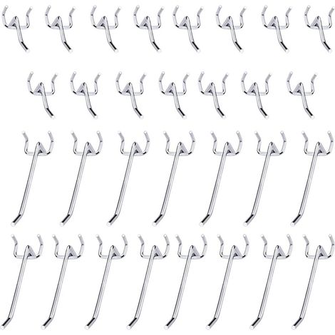 Crochet Panneau Perforé - Métal Chromé - 5 cm et 10 cm - Pour Organisation Murale et Étagères Commerciales - Lot de 30 Pièces