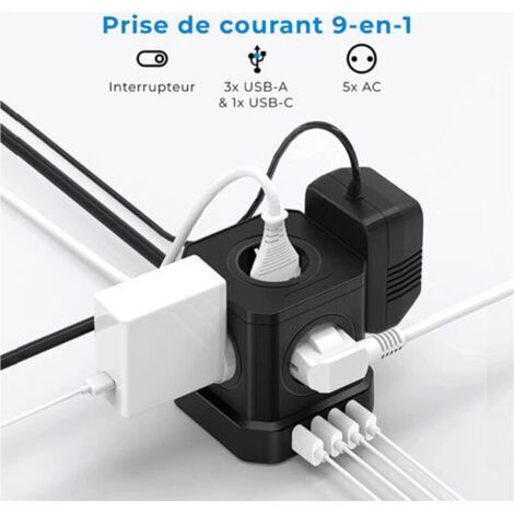 Multiprise Cube 9-en-1 avec USB 5 Prises EU avec 3 Ports USB-A et 1 Port USB-C 4000W Prise avec Interrupteur et Cable 2M Rallonge (1/3)