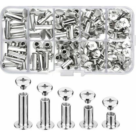 80 tornillos de encuadernación metálicos tipo Chicago, remaches de acero inoxidable macizo para decoración de cuero, reparación de encuadernaciones y manualidades (plateados). (1/4)