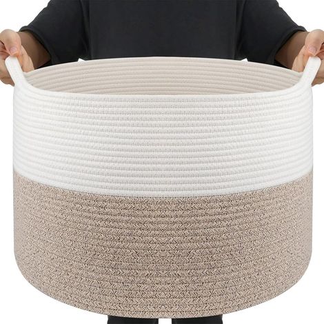 Cesta grande de mimbre/algodón marrón para la ropa sucia, 83 L (55 cm de diámetro x 35 cm de alto), cesta hecha a mano con asas para juguetes.