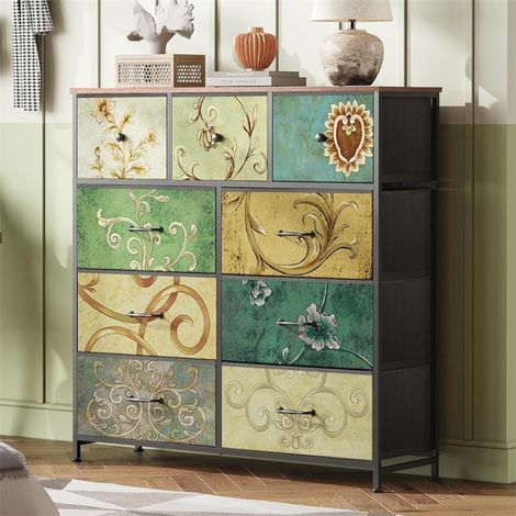 Commode 100 cm, avec 9 tiroirs de rangement, motif vintage, structure en métal, style bohème, meuble de salon en bois,Multicolore