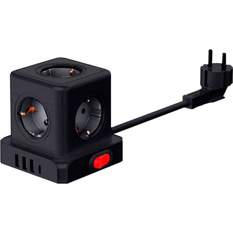 Base aérea con 5 tomas Schuko 2p+t con interruptor 16 A 3680 W 250 V + 4 USB 3,1A (3 A + 1 C), cable de 1,5 m, negra