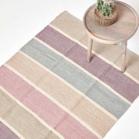 HOMESCAPES Cotton Chenille Striped Rug Blue Beige Purple Grey Natural, 45 x 70 cm