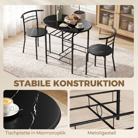 Table de cuisine 3 pièces, ensemble table et 2 chaises avec étagère, salon, effet marbre noir (1/5)