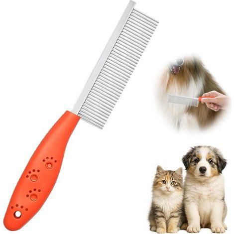 Peigne d'Animaux de Compagnie en Acier Inoxydable, Peigne Chat Poil Long, Brosse Chien Poil Long avec Prise Ergonomique, Pet Knotting Comb pour Éliminer les Cheveux Morts(Rouge) (1/5)