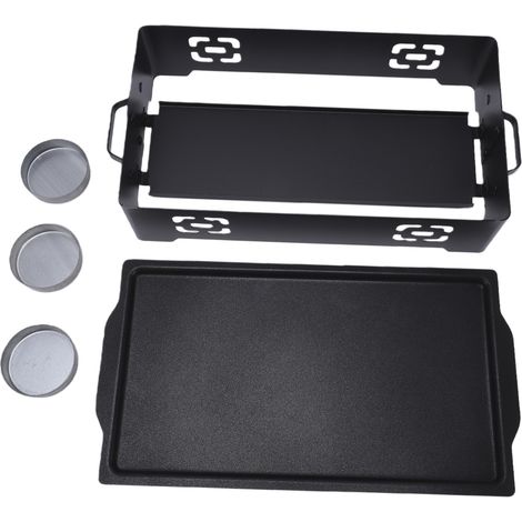 Barbecue professionnel en acier inoxydable noir avec plaque antiadhésive et coupelles pour bougies chauffe-plat. (1/5)