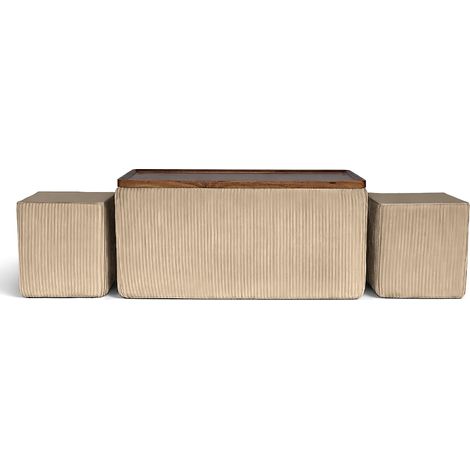 Set 3 Pouf Contenitore Quadrati con Tavolino Rettangolare da Salotto in Velluto e Coperchio in Legno, 2 Pouf Interni Salvaspazio, Tavolino Contenitore Moderno,Poggiapiedi, Seduta Imbottita Crema