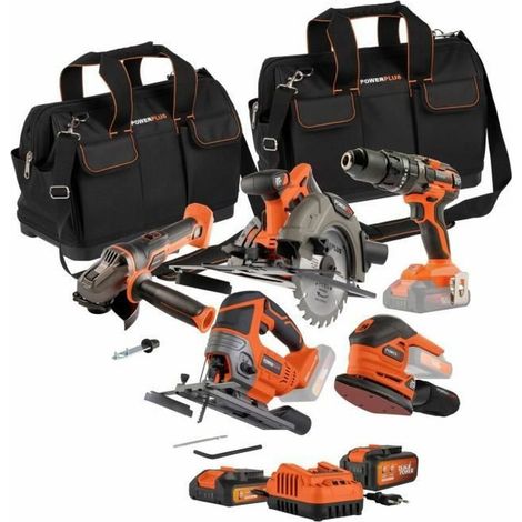 4er Werkzeugset - DUAL POWER - 20 V - Bohrschrauber + Winkelschleifer + Hand-Schleifer + Kreissäge - 2 Batterien (1/3)