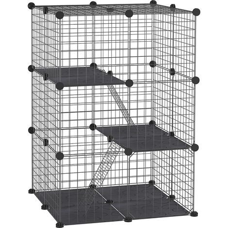 Enclos pour petits animaux modulable, cage à lapin 3 niveaux avec 39 panneaux et rampes en fer et PP, 70x70x105 cm, noir (1/5)