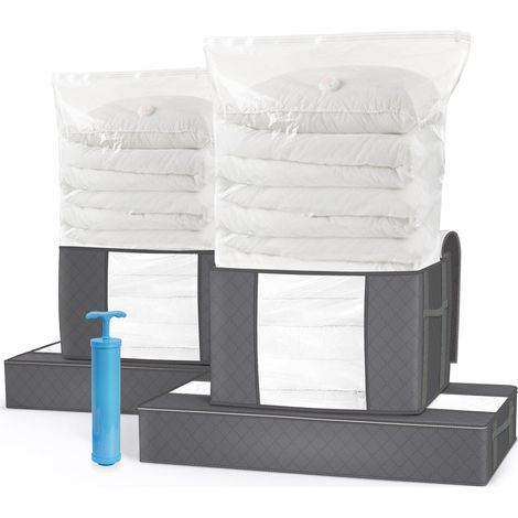 VOUNOT® 9er Set Große Vakuum Aufbewahrungstasche mit Pumpe, 4 Vakuumbeutel, 4 EDENOO Aufbewahrungstasche mit Griff und Reißverschluss, Grau (1/5)