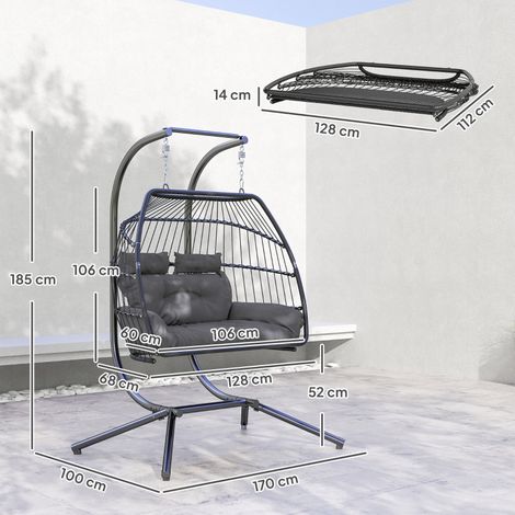 Fauteuil suspendu pliant avec structure, panier suspendu avec coussin, en polyrotin, balancelle suspendue ergonomique pour 2 personnes, fauteuil suspendu d'extérieur, charge maximale 260 kg, fauteuil (1/5)