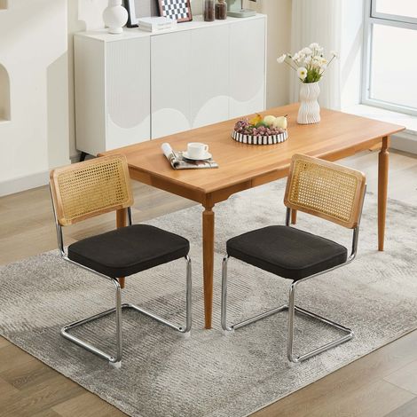 Lot de 2 chaises de salle à manger – velours noir, dossier rotin, base chrome - Chaise Idéales pour Cuisine et Salle à Manger - Style vintage (1/5)