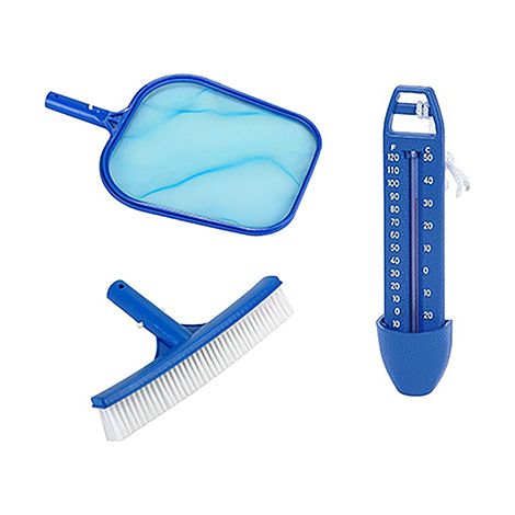 Spido – Pack entretien piscine – Épuisette de surface 415 x 275 mm – Brosse de paroi 26 cm – Thermomètre flottant double graduation