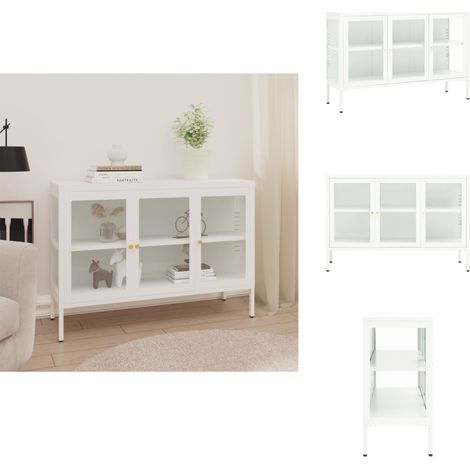 Buffet Blanc 105x35x70 cm Acier et verre - Buffet Blanc - Meuble De Rangement - Armoire Laterale - Vitrine - Mobilier Moderne (1/5)