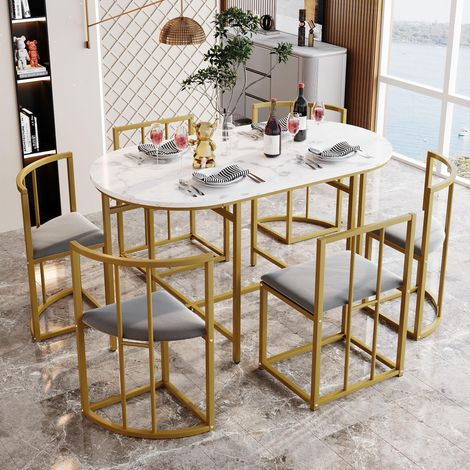 Essgarnituren-Set mit 6 Stühlen – zeitgenössischer Luxus, 1 Tische und 6 Stühle, weißer MDF-Tisch und Stühle und goldenes Eisengestell, 140 cm – Gold (1/5)