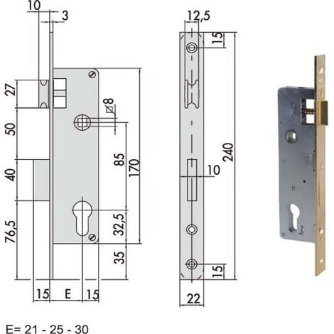 Serrure électrique à insérer pour bois – Frontal 22x240mm – Verrou et pêne dormant ambidextres – Contre-plaque incluse – Cisa