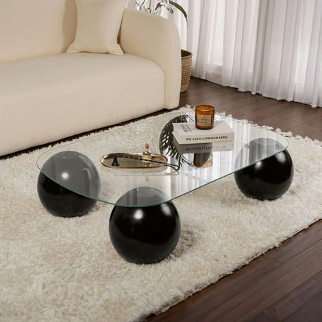 Table basse verre bords arrondis - 4 pieds boules noirs KOCHI (1/5)
