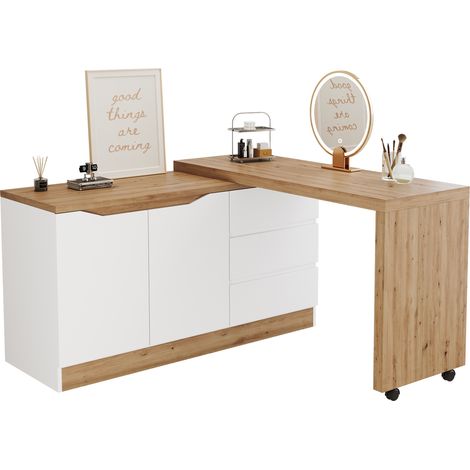 Escritorio plegable giratorio con ruedas y almacenaje 120x50x78 cm blanco y roble HOMVRA (1/5)