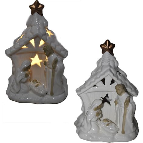Natività sacra famiglia in porcellana albero di natale capanna luce bianco caldo statuine presepe decorazioni addobbi natalizie (1/5)