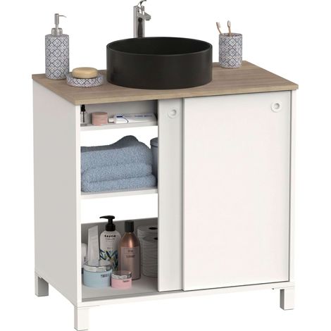 Mueble de Baño Sella 2 Puertas Correderas y Patas Blanco y Roble Cambrian 81x94x50 cm (Con Lavabo Cerámico) (1/5)