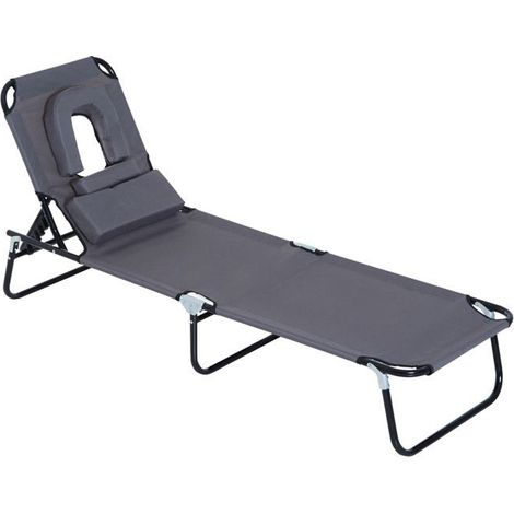 Chaise longue - Transat pliant avec appui-tête - Dossier 4 positions - Fenêtre de lecture - Acier thermolaqué