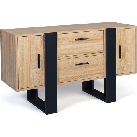 Idmarket – Buffet bas 105 cm bois noir – 2 portes et 2 tiroirs – Style industriel – Dimensions compactes pour rangement optimal