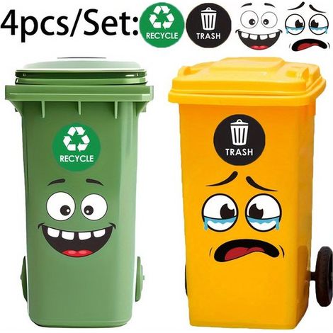 4 divertidas pegatinas para el cubo de basura, pegatinas adhesivas con expresiones de dibujos animados, nevera, cubo de basura, pared, negras (1/5)