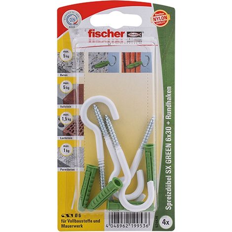 Fischer 4x cheville à expansion SX GREEN 6x30 RH N avec crochet rond en nylon - 524829 Fin de série