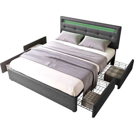 Cadre de lit avec éclairage LED et 4 tiroirs, lit double rembourré 140x200cm, tête de lit réglable en hauteur, sommier à lattes en bois, gris (sans matelas) (1/5)