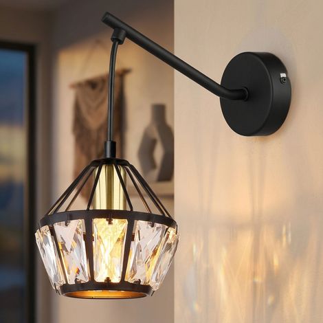 Wandlampe Wandleuchte Flurlampe Wohnzimmerleuchte, Metall schwarz Glas Kristalle klar messing, Klassisch, 1x E14 Fassung, DxH 12,5x25cm (1/5)