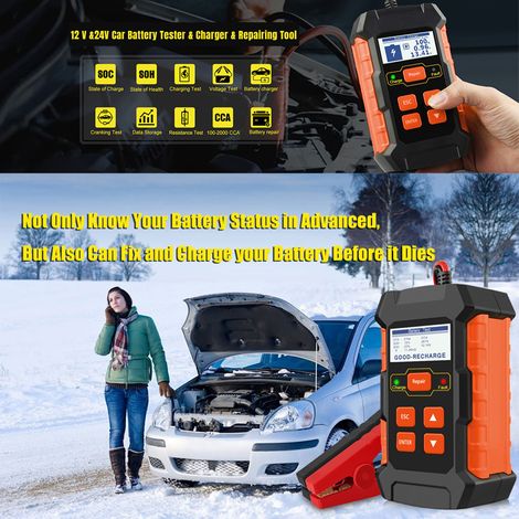 Testeur de batterie de voiture 12V 24V, chargeur et outil de réparation, Scanner de Diagnostic 3 en 1 100-2000CCA. (1/5)