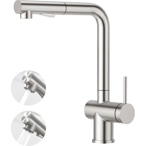 Robinet de Évier Cuisine avec Douchette 2 Fonctions Extensible, Robinet Mitigeur de Cuisine Monocommande Mélangeur Monotrou en acier inoxydable, Brossé (1/5)