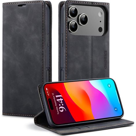 Custodia per iPhone 17 Pro, portafoglio vintage Erbord con patta, nero (1/5)